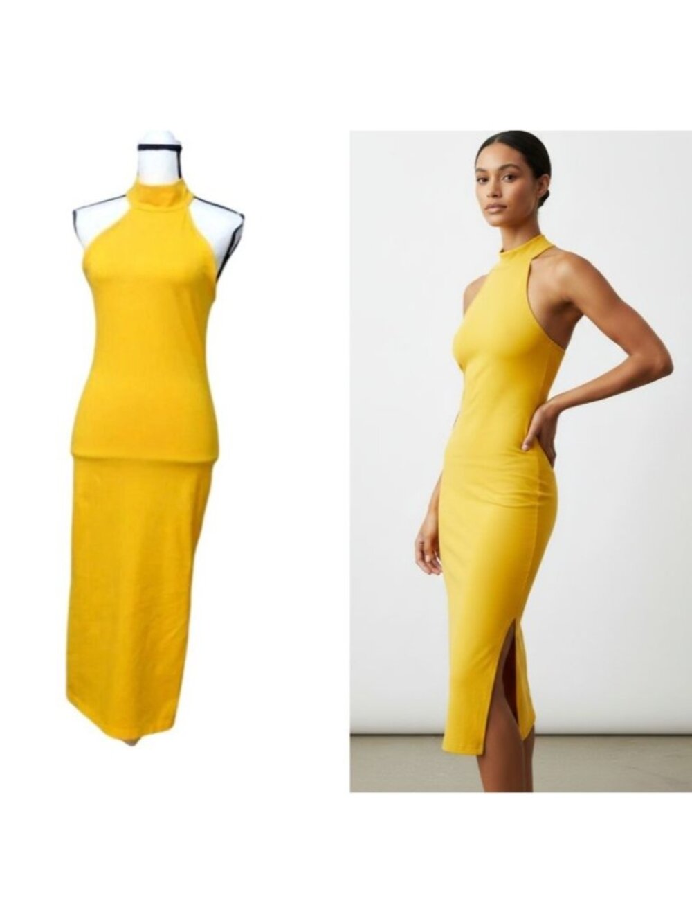 Monrow Mock Neck Side Slit Halter Midi Dress, Bright Yellow, Sz. S